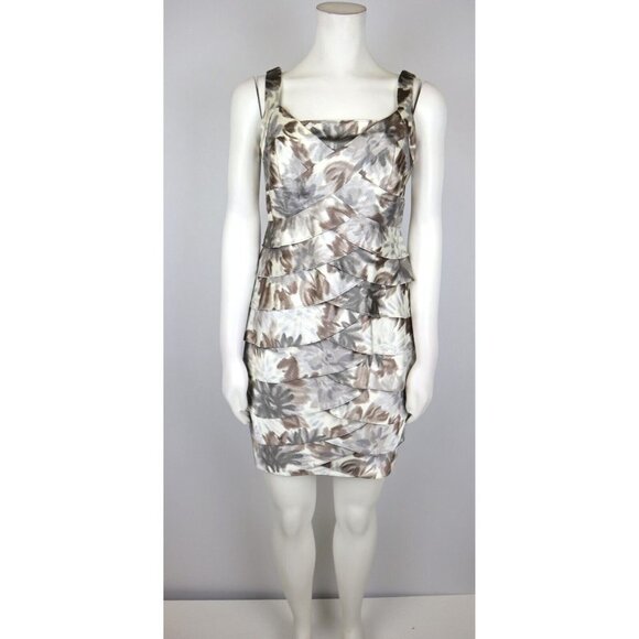 GRAY IVORY BEIGE PRINT SATIN RUFFLE LAYER SHEATH DRESS - LONDON TIMES - SIZE 6P - Picture 2 of 6